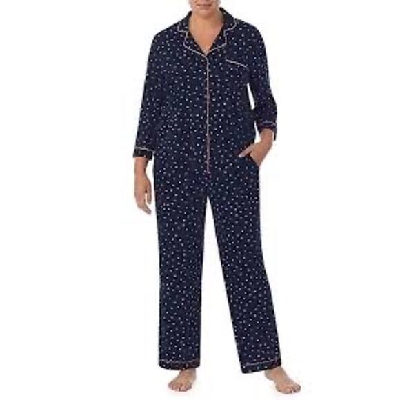 Kate Spade Lip Print Navy Pajama Set Pink Piping Notch Collar Women’s XL - Picture 1 of 9